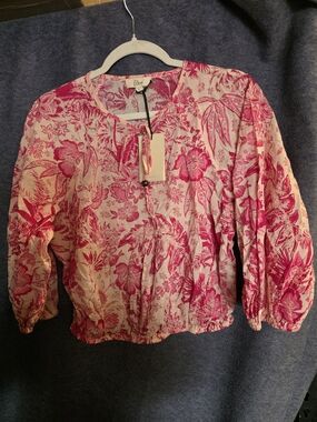 Elan Hot Pink Floral Tie-Neck Blouse